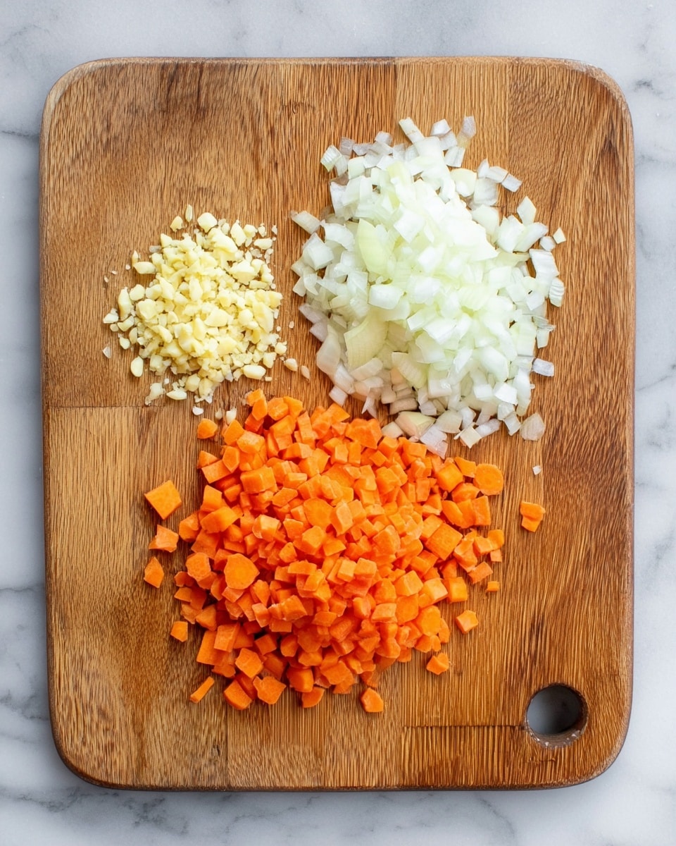 A wooden cutting board sits on a white marbled surface, with three piles of chopped vegetables arranged on it. On the top left is a small pile of finely chopped garlic, pale yellow and finely textured. To the right is a larger pile of finely chopped white onions, showing their translucent white color and slightly moist texture. Below the garlic and onion is a medium-sized pile of finely diced bright orange carrots, showing their smooth texture and vibrant color. Photo taken with an iphone --ar 4:5 --v 7