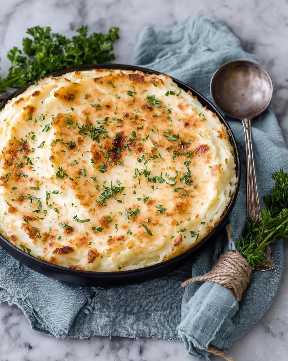 A round dish filled with a thick, creamy mashed mixture that has a lightly browned, golden top layer with small patches of darker toasted spots. The surface is sprinkled with finely chopped green herbs for a fresh color contrast. The dish is in a black pan, and the background is a white marbled texture with a pale blue cloth tied with a string and a vintage silver ladle resting beside it, along with a sprig of fresh green parsley on the side. photo taken with an iphone --ar 4:5 --v 7