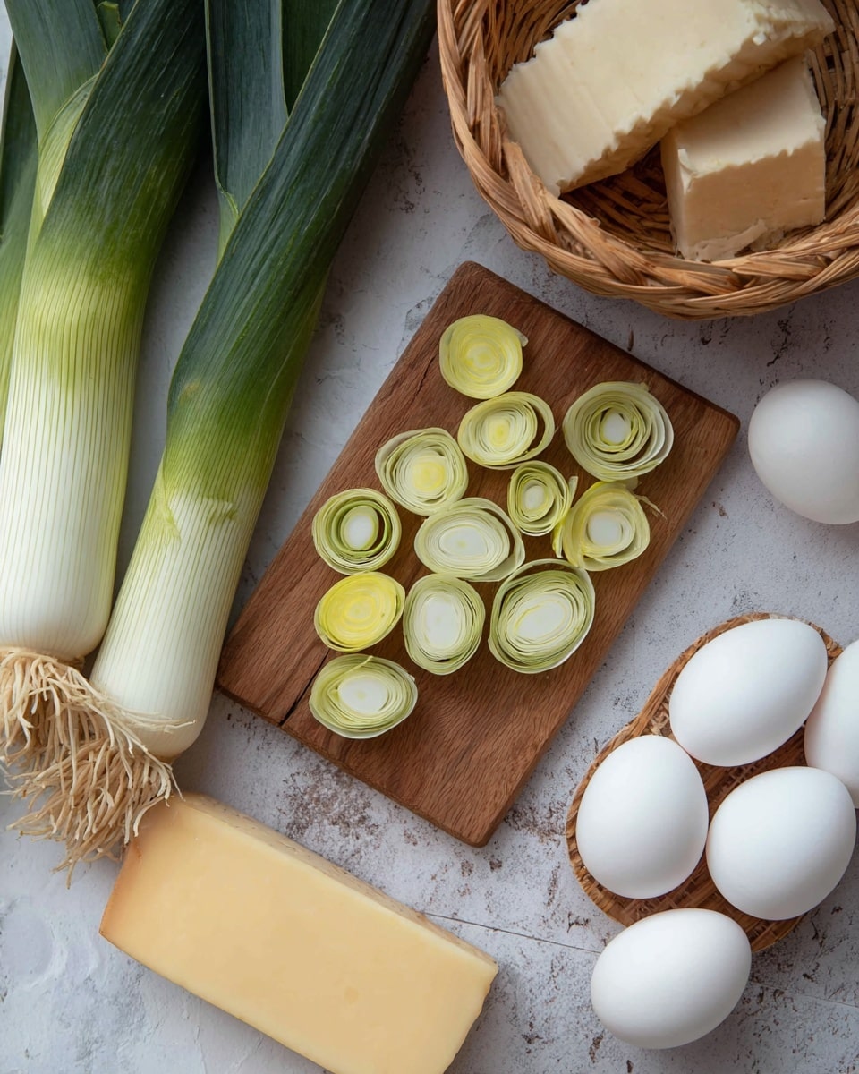 The image shows a wooden board with thin, round slices of leek arranged in a small pile, displaying light green and yellow rings. Next to the board are two whole leeks with dark green tops and pale white bottoms with roots visible. Below the board, there is a block of light yellow cheese and a woven basket filled with smooth white eggs. The surface beneath all items is a white marbled texture. photo taken with an iphone --ar 4:5 --v 7