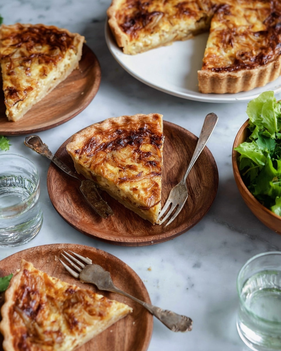 The image shows several slices of a golden brown quiche with a slightly crispy crust and browned cheese and onion topping. Each slice rests on a round wooden plate with a vintage silver fork beside it. The quiche is placed on a white marbled surface with a large white plate holding the remaining uncut quiche on the upper right. Clear glasses of water and a wooden bowl filled with green salad leaves are also visible around the quiche slices. The scene has a warm and inviting look with natural light highlighting the textures. photo taken with an iphone --ar 4:5 --v 7