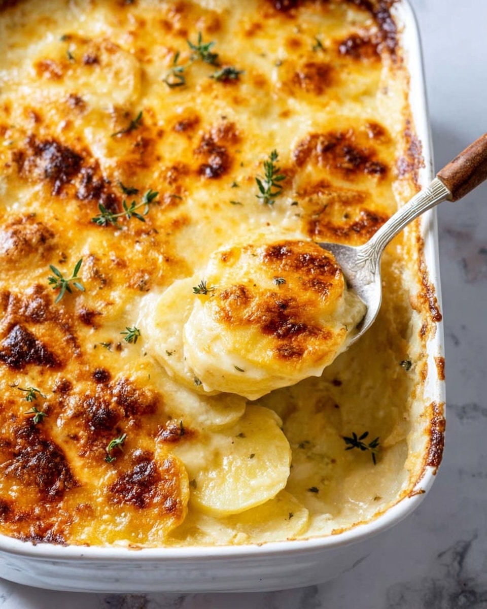 A close-up image shows a white plate with a layered dish consisting of three to four thick, creamy layers of thin pasta sheets mixed with a smooth, lightly browned cheese sauce that has a slightly glossy texture. The top layer is golden with melted cheese that has small, brown toasted spots. Small green herb leaves are scattered on top for garnish. A silver fork rests on the side of the plate. The plate sits on a white marbled surface. photo taken with an iphone --ar 4:5 --v 7