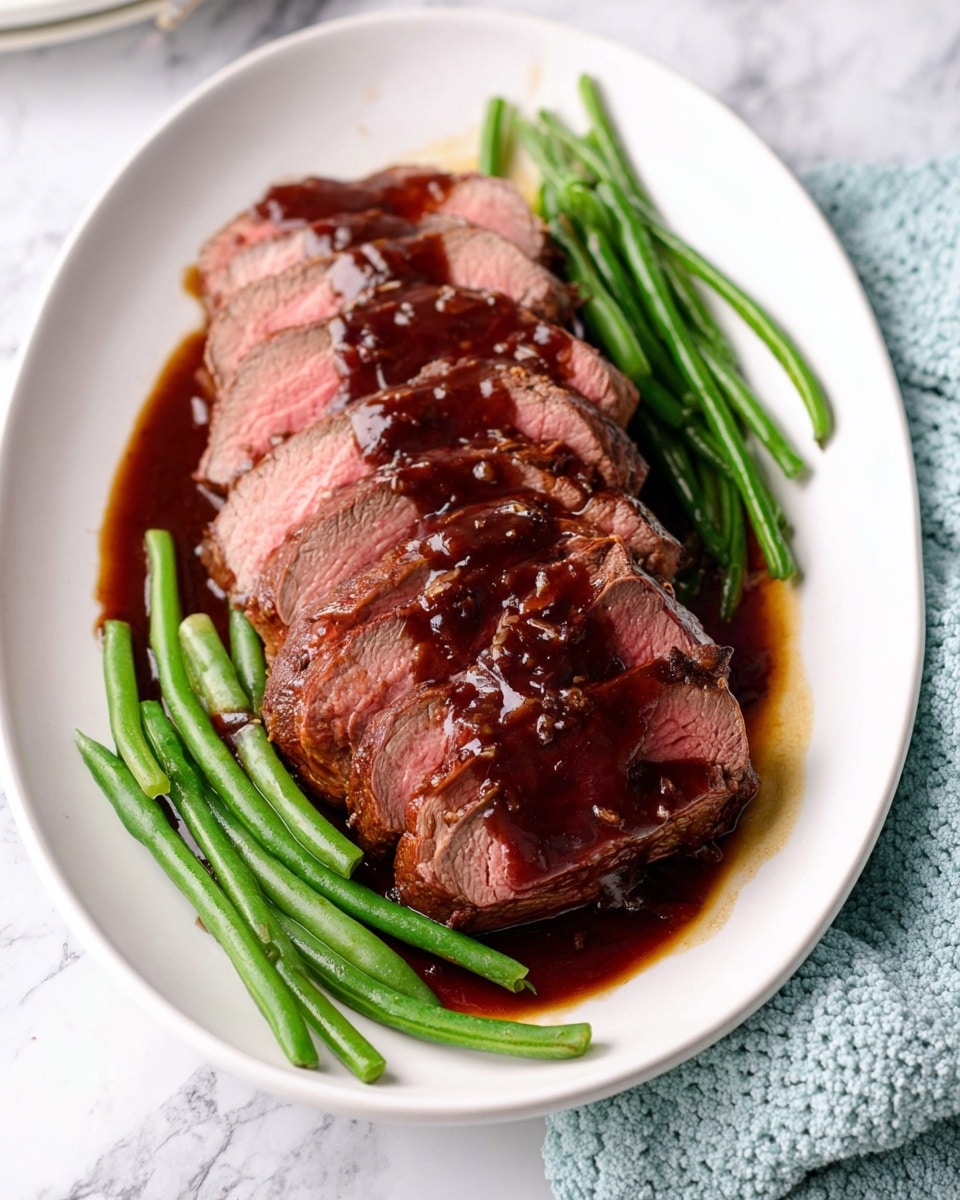 A white oval plate holds a serving of sliced beefsteak with a dark brown sauce poured over the top, showing eight thick slices with a pink center, arranged in a slightly fanned shape in the middle. Around the beefsteak, there are bright green steamed green beans placed along the edges of the plate. The plate sits on a white marbled surface with a light blue textured cloth partially under it on the right side. photo taken with an iphone --ar 4:5 --v 7