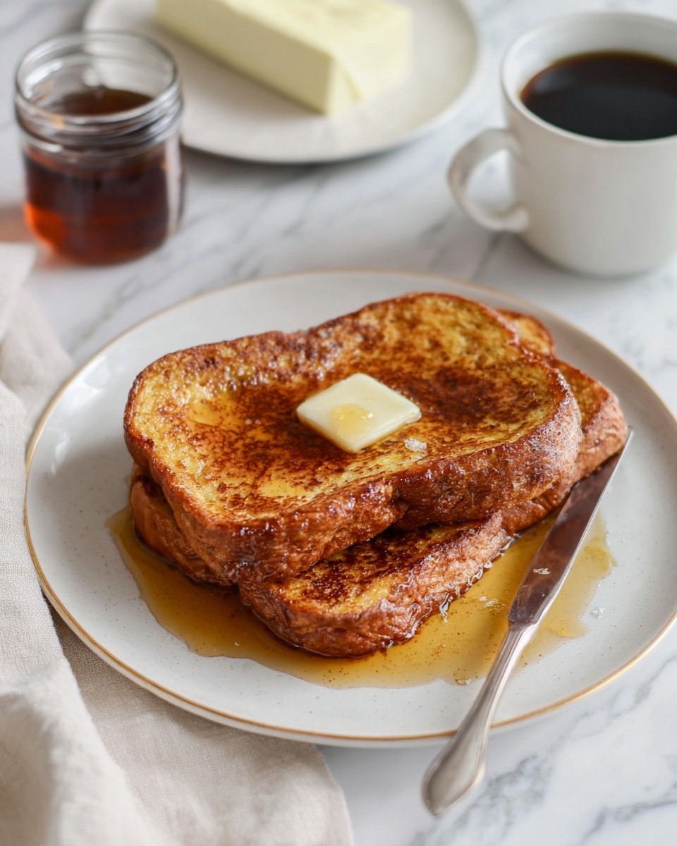 Two thick slices of golden brown French toast are stacked slightly off center on a white plate with a subtle gold rim. The top slice has a small square of melting butter in the middle and syrup pooling around the base of the toast layers. A silver knife lies next to the toast on the plate’s right side. The plate sits on a white marbled surface with a light beige cloth draped to the left. In the background, there is a small glass jar filled with syrup, a white plate with a block of butter, and a white cup filled with black coffee. Photo taken with an iphone --ar 4:5 --v 7
