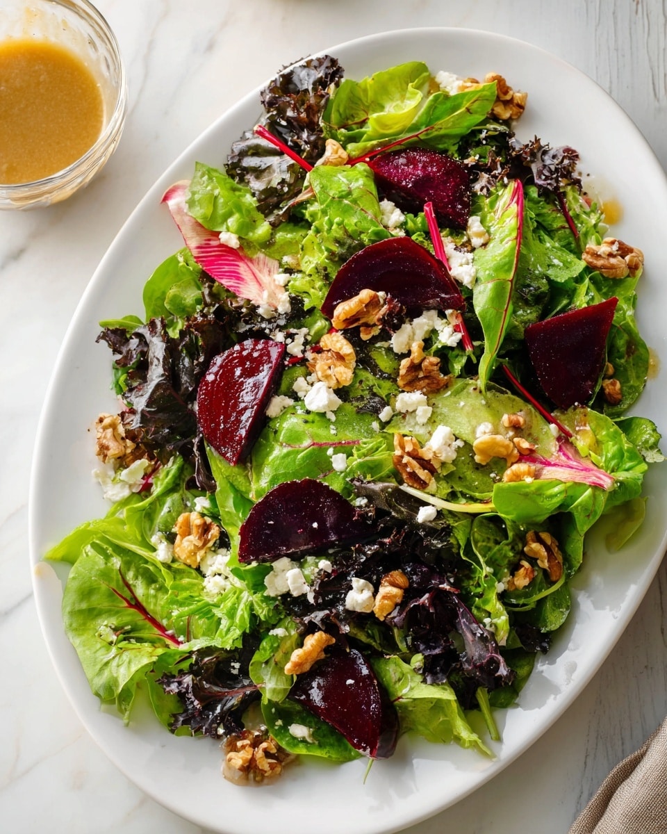 A white oval plate filled with a fresh mixed green salad showing about three layers of different leafy greens such as bright green, dark purple, and reddish leaves with thin red stems scattered throughout. On top of the leafy greens, there are deep red beet wedges, small clusters of light brown walnut pieces, and crumbled white cheese spread evenly. The plate rests on a white marbled surface with a glass bowl of light brown dressing nearby. The textures vary from soft greens to firm beets and crunchy walnuts, creating a colorful and fresh look. photo taken with an iphone --ar 4:5 --v 7