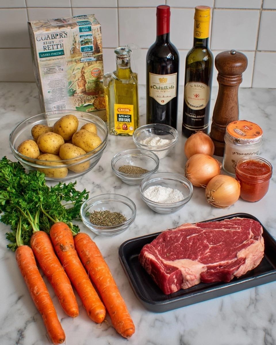 The image shows raw ingredients for a meal arranged on a white marbled surface. In the front, there are four whole orange carrots with some dirt on them, next to a bunch of fresh green parsley. To the left, a clear glass bowl holds several small yellow potatoes. Next to the potatoes, a thick raw red beef steak with visible marbling sits on a black plastic tray. Behind the steak, there are three glass bowls, one with white flour, one with salt, and one with dried herbs. To the right, a tube of red tomato paste lies in front of two whole yellow onions and a few garlic cloves. Behind these, a carton of beef broth, a bottle of olive oil with a yellow label, a bottle of balsamic vinegar with a yellow label, a wooden pepper grinder, and a dark red bottle of red wine labeled Castle Rock are arranged upright in a loose line. The background is a light tile wall. Photo taken with an iphone --ar 4:5 --v 7