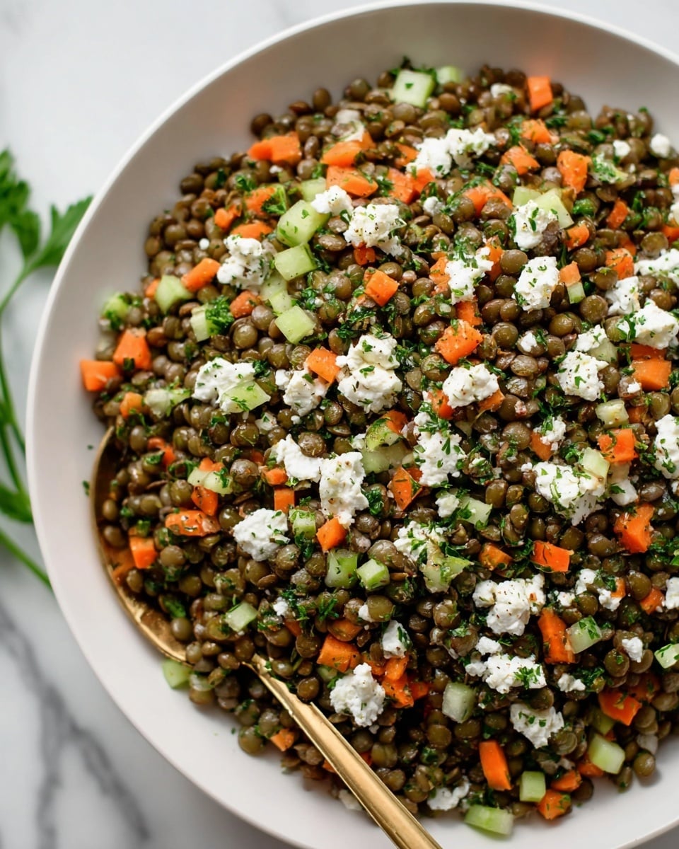 A large white plate filled with a colorful lentil salad resting on a rustic wooden board. The salad has three main layers visible: the bottom is a mix of small green lentils, finely diced orange carrots, and green celery pieces, all evenly mixed with small bits of green herbs. On top of this, scattered chunks of white soft cheese add a creamy contrast. A gold spoon sits on the right side of the salad, partially inside the plate. Around the plate, there are small bowls with chopped herbs and more chunks of white cheese, placed on a white marbled surface with a striped white and black cloth on the left side. Photo taken with an iphone --ar 4:5 --v 7