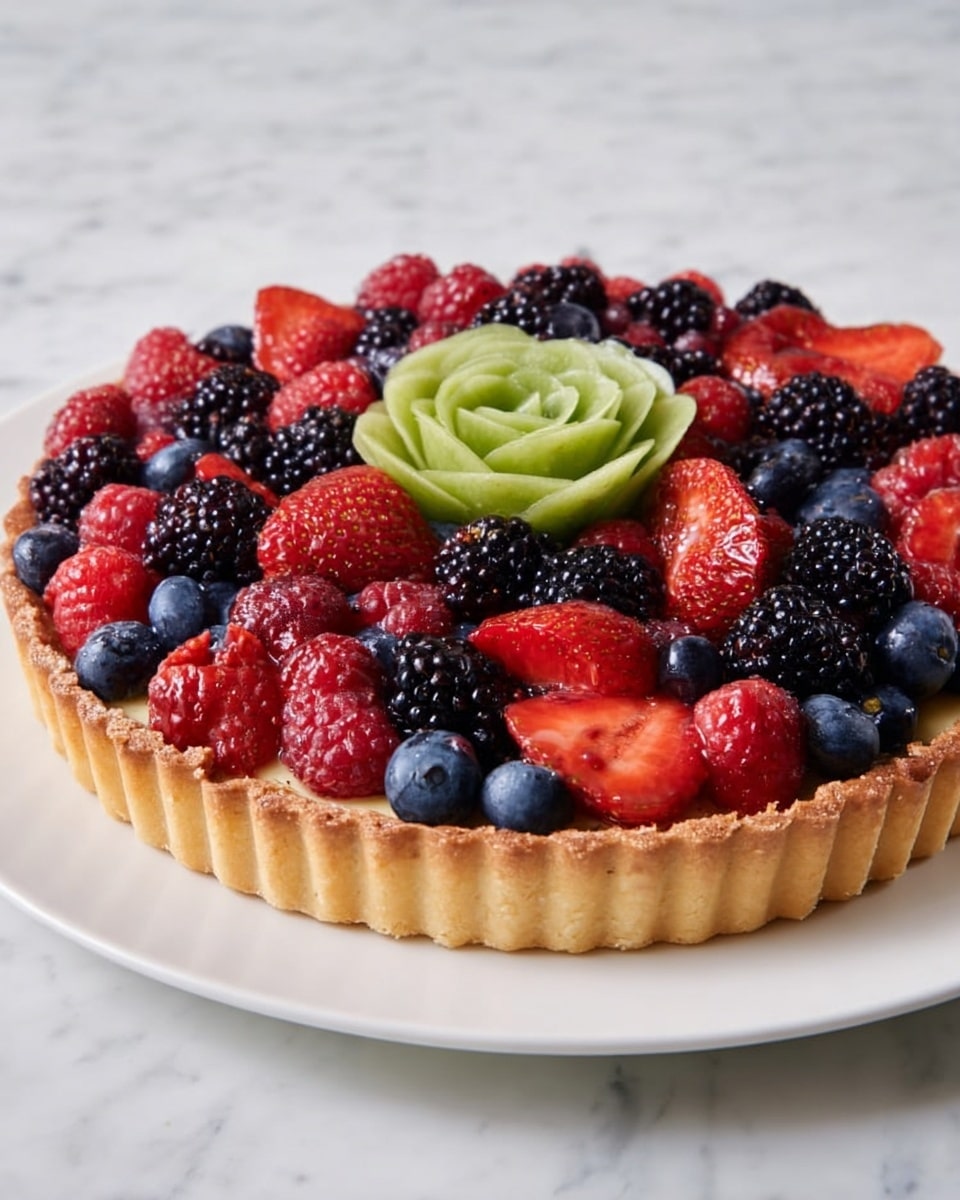 A fruit tart with three visible layers is shown on a white plate placed on a white marbled surface. The bottom layer is a golden brown crust with a scalloped edge. The middle layer appears to be pale cream, smooth and even, just beneath the fruit. The top layer is an arrangement of fresh berries and sliced fruits covering the entire tart; blueberry clusters, whole blackberries, raspberries, and thin slices of strawberries create a mix of dark blue, deep purple, and bright red colors. In the center, there is a small rose shape made from thin green kiwi slices. The fruits have a slight shiny glaze that makes them look fresh and juicy. Photo taken with an iphone --ar 4:5 --v 7