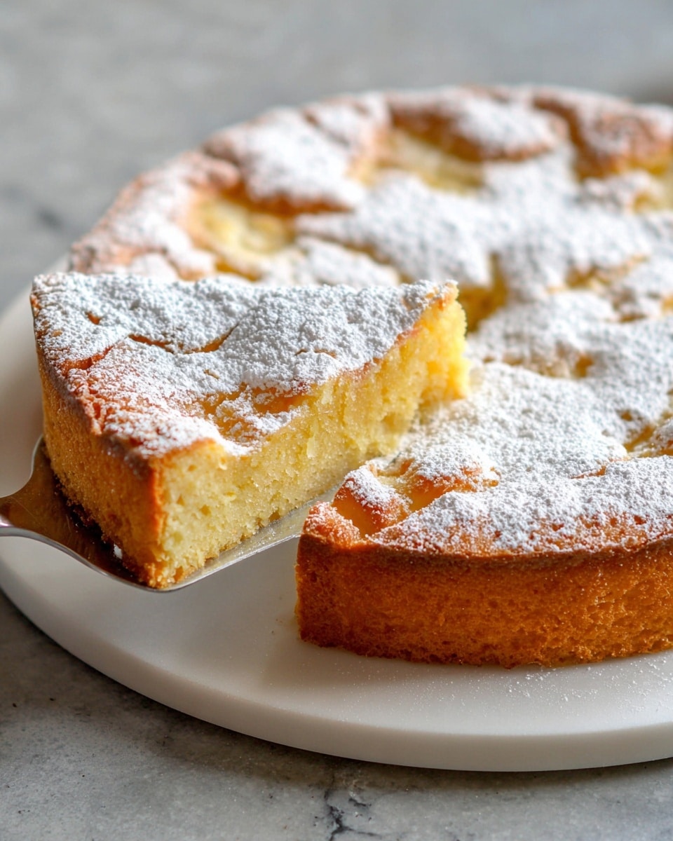 The image shows a round single-layer yellow cake with a slightly rough and golden-brown crust, topped with a dusting of white powdered sugar that is unevenly spread across the surface. A wedge-shaped slice is being lifted by a shiny silver cake server, revealing the soft and moist crumb inside with a light texture. The cake is on a white round cake stand with a smooth edge, placed on a white marbled textured surface. Photo taken with an iphone --ar 4:5 --v 7
