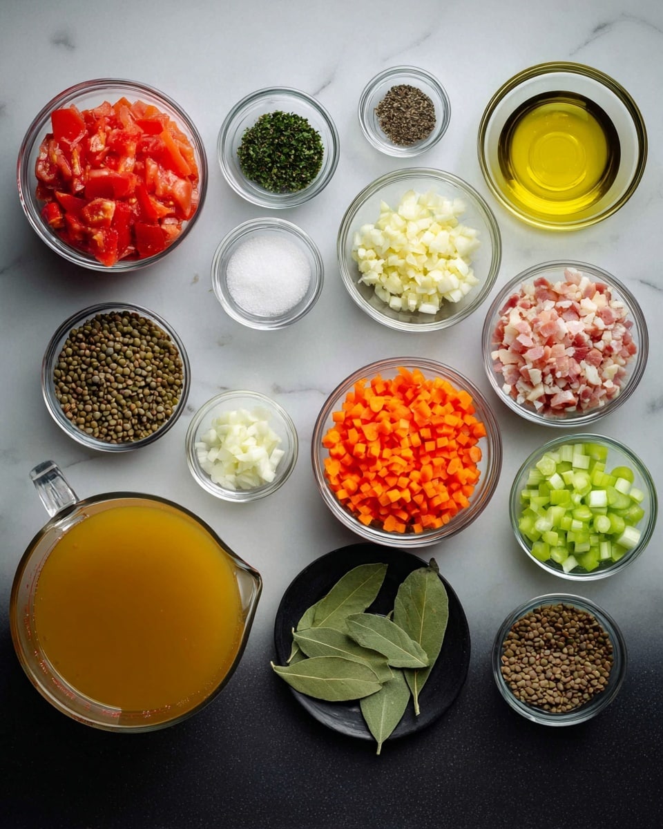 A flat lay of many small transparent bowls and a clear measuring cup arranged in rows on a white marbled surface, each filled with different cooking ingredients: bright red cooked tomatoes in the top left, dark green herbs in a small bowl above center, finely chopped white garlic next to it, golden olive oil, white salt, and black pepper in small bowls in a line from top center to right; diced orange carrots in the top right, green celery pieces below the center, small pale pink and white bacon bits in a bowl near center right, diced white onions beside it, two dark green bay leaves below, small brown seeds in a bowl near bottom left, lentils in a medium transparent bowl near the middle left, and a large measuring cup filled with golden broth near bottom left. photo taken with an iphone --ar 4:5 --v 7