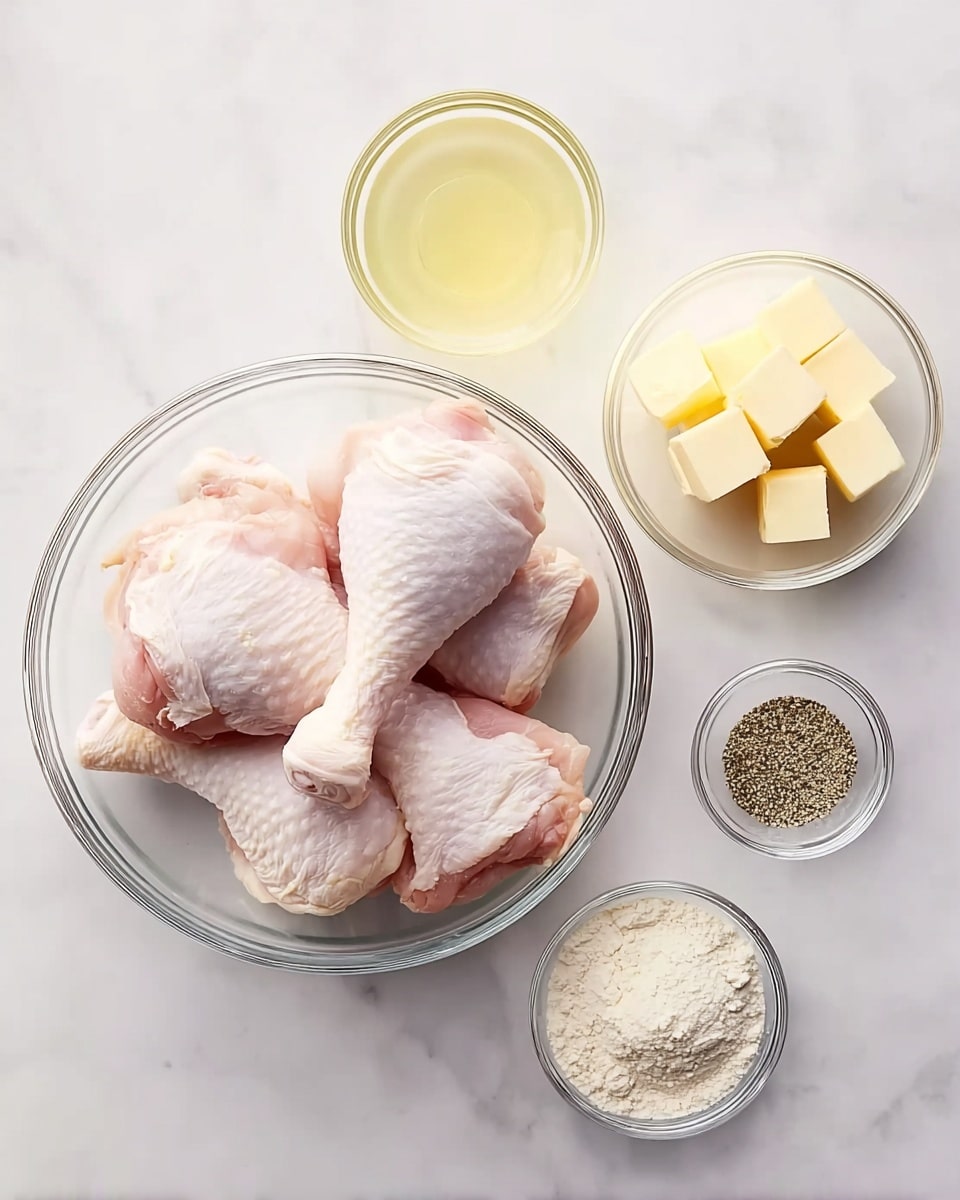 The image shows five raw chicken drumsticks with pale pink skin in a clear glass bowl, placed on a white marbled surface. Around the bowl, there are four smaller clear glass bowls: one holds a light yellow liquid, another contains small light yellow butter cubes, a third has a pile of white flour, and the last bowl contains black pepper. All bowls are neatly arranged on the white marbled surface, creating a clean and organized look. Photo taken with an iphone --ar 4:5 --v 7