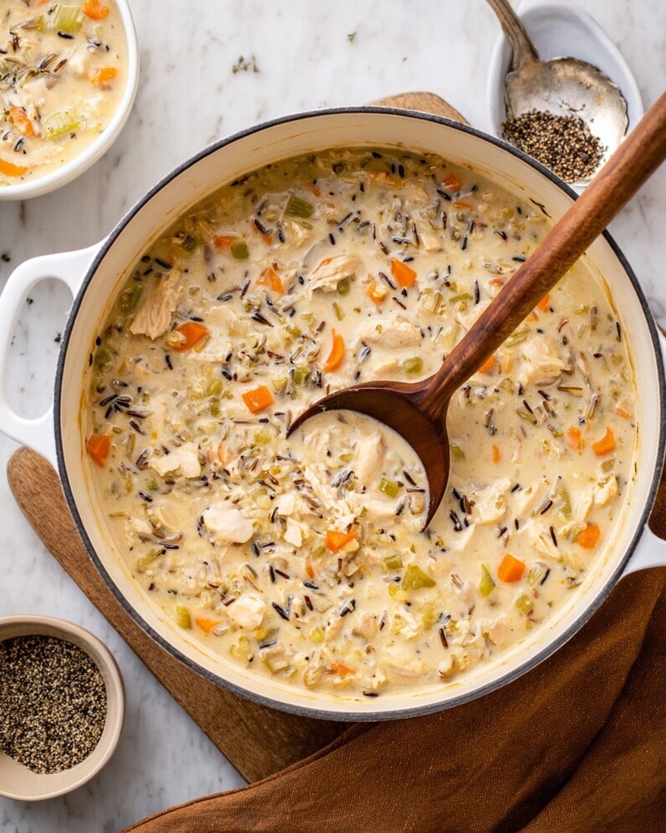 A large white pot filled with creamy chicken and wild rice soup showing a thick texture with small layers of orange carrot pieces, pale green celery, chunks of light beige chicken, and bits of dark wild rice mixed throughout. A wooden ladle with a long handle rests inside the pot scooping some soup, showing the mix of ingredients clearly. The pot is placed on a white marbled surface, with a small white bowl of black pepper nearby, a white bowl of soup in the upper left corner, and a brown cloth underneath the pot. Photo taken with an iphone --ar 4:5 --v 7