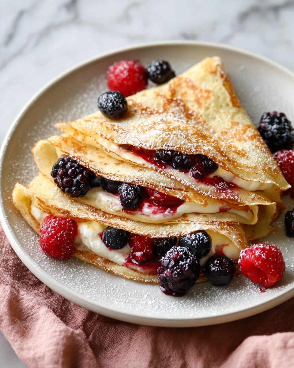 Three thin golden crepes folded into quarters are stacked on a white plate, each crepe showing a soft, slightly browned texture. Between each folded layer, there is a smooth white cream filling visible at the edges. Scattered on top and around the crepes are fresh mixed berries including dark blackberries, bright red raspberries, and deep blue blueberries, some glistening with berry syrup. A light dusting of powdered sugar is sprinkled over the crepes and berries, adding a soft white accent. The plate sits on a white marbled surface with a soft pink cloth draped nearby. Photo taken with an iphone --ar 4:5 --v 7