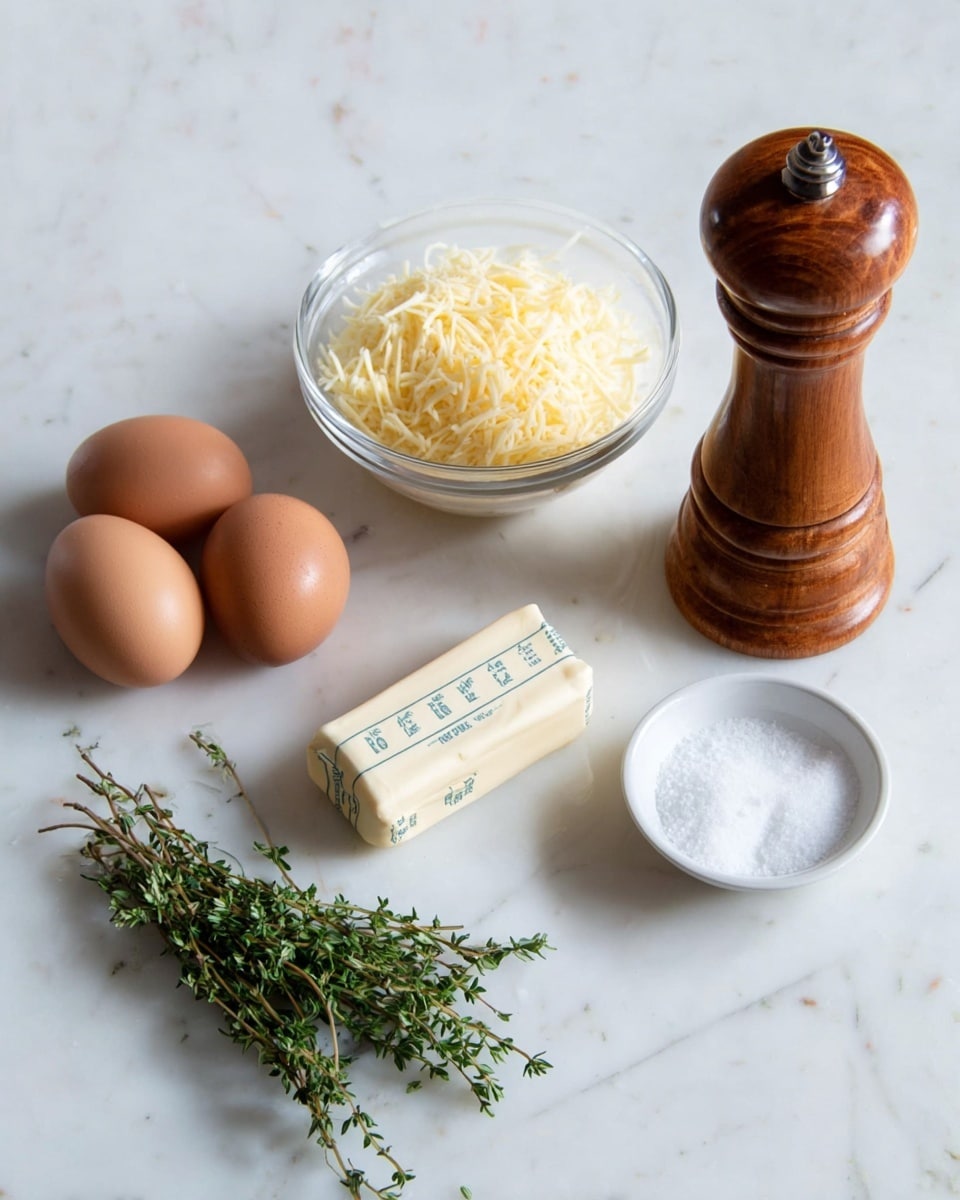 A white marbled surface holds a simple arrangement of ingredients: on the left, three whole brown eggs grouped close together; next to them, a small stick of butter with packaging showing measurement marks in white and blue; behind the butter, a clear glass bowl filled with thin, yellowish shredded cheese; in front to the right, a small bunch of fresh green thyme sprigs; next to the thyme, a small white bowl filled with fine white salt; and on the far right, a tall wooden pepper grinder with a warm brown tone and smooth texture, all arranged neatly in a natural, soft light. photo taken with an iphone --ar 4:5 --v 7