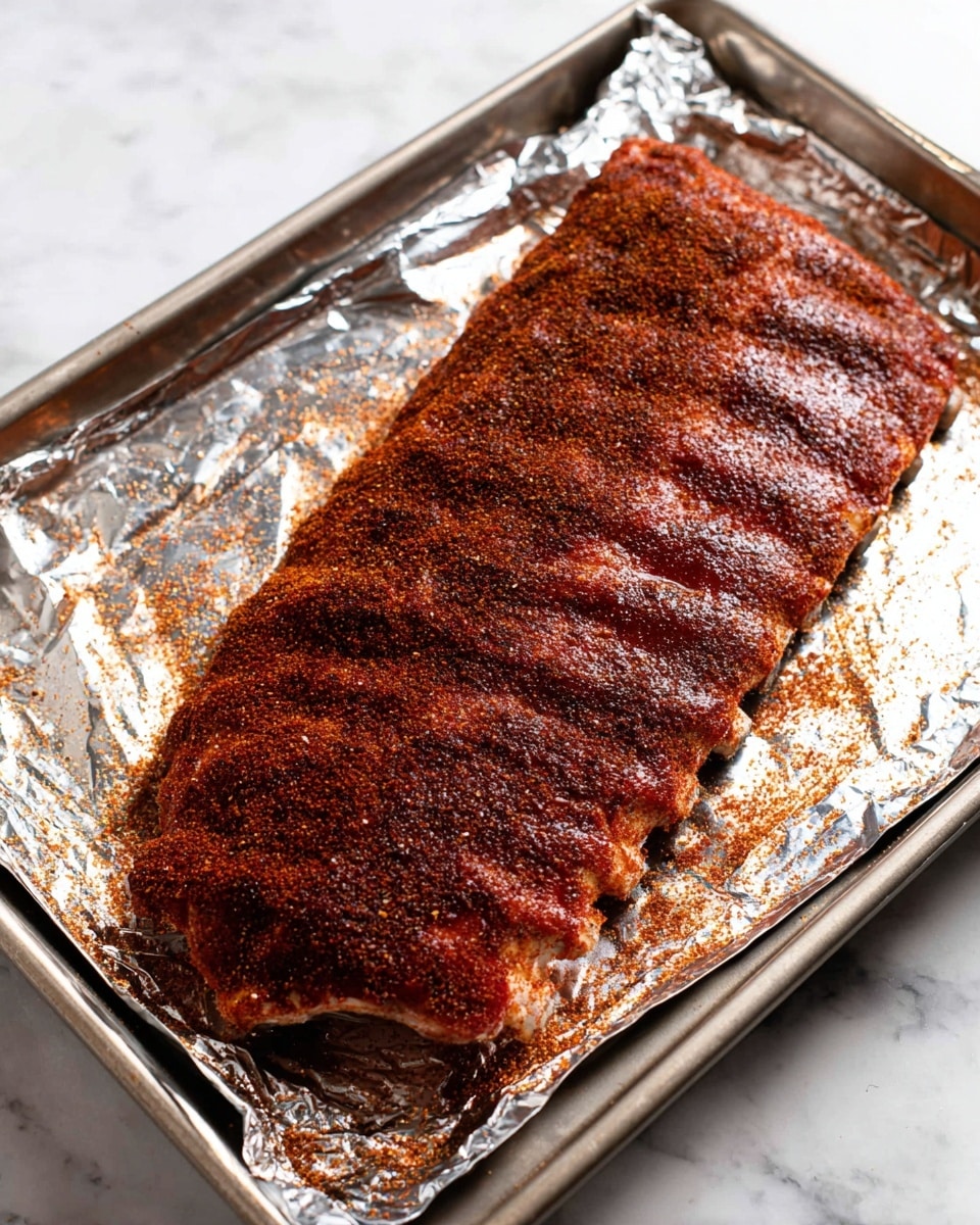 A large rack of raw ribs covered evenly with a thick layer of dark red and brown dry spice rub, resting on a silver foil-lined baking tray. The ribs show clear bone lines underneath the spice, and the foil has some scattered spice powder around the edges. The tray is set on a white marbled surface. photo taken with an iphone --ar 4:5 --v 7