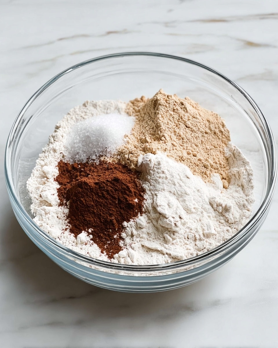 A clear glass bowl holds several layers of dry ingredients arranged in small separate piles. At the bottom is a thick layer of white flour covering most of the bowl's base. On top of this, there are smaller piles of different powders: a mound of light beige powder on the right side, two dark brown powders in the middle and slightly left, a white powder on the far left, and a small pile of white salt near the beige powder. The bowl sits on a white marbled surface, and light reflects softly on the glass bowl. photo taken with an iphone --ar 4:5 --v 7
