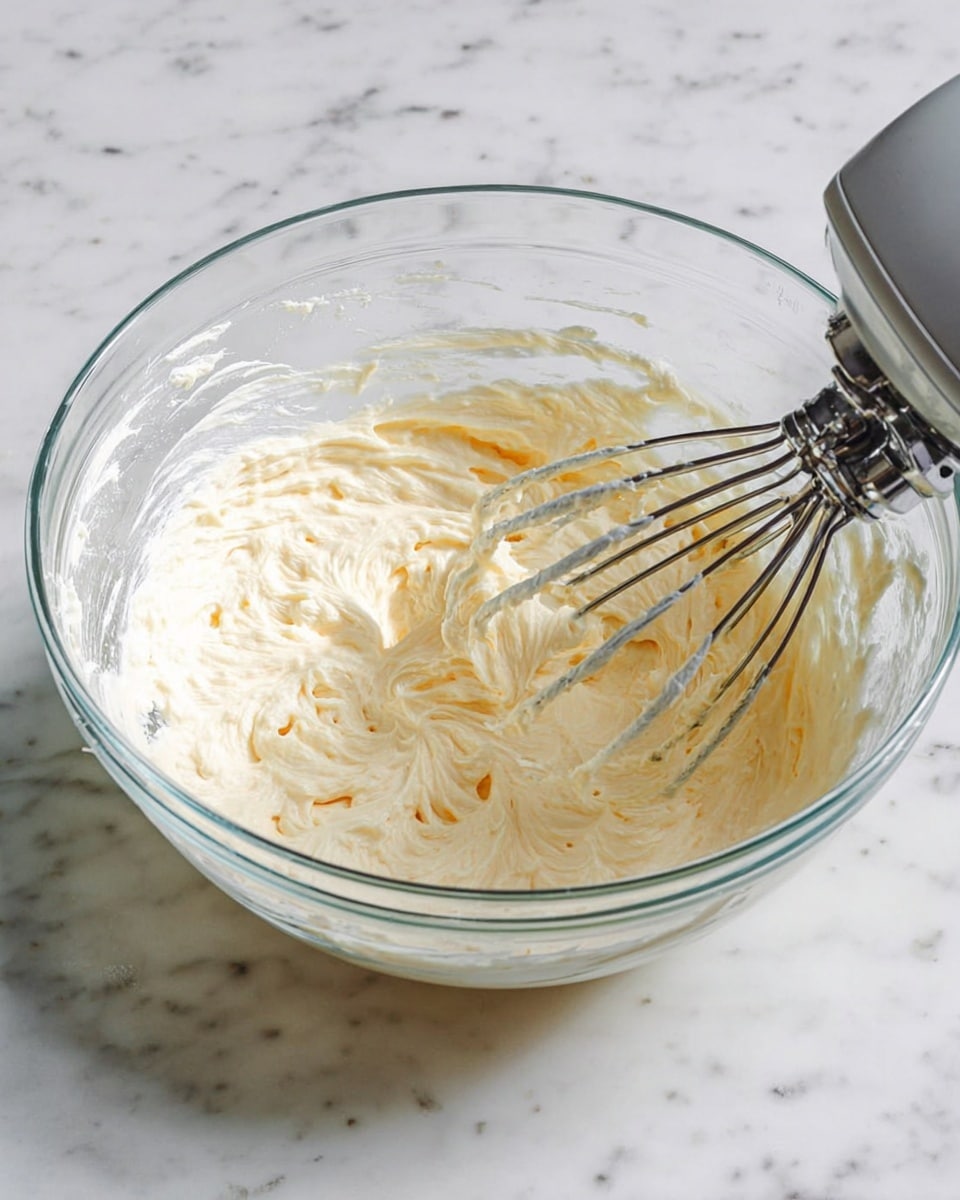 A clear glass bowl sits on a white marbled surface, filled with a creamy, pale yellow mixture that has visible swirls and soft peaks from being mixed. An electric hand mixer with metal beaters is partially immersed on the right side of the bowl, working through the thick, smooth texture with slight hints of orange color mixed in. The bowl shows some splashes of the batter on the sides, indicating active mixing. The soft lighting highlights the whipped texture and glossiness of the mixture. photo taken with an iphone --ar 4:5 --v 7