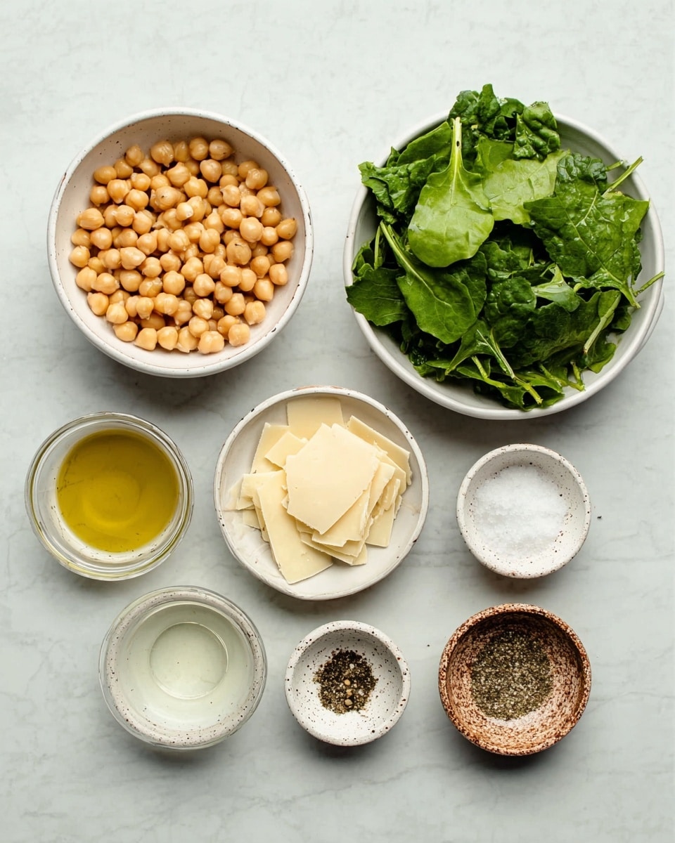 The image shows seven bowls of ingredients placed on a white marbled surface. There are two larger white bowls, one filled with light brown chickpeas and another with fresh green leafy vegetables. In the center, a medium white bowl holds pale yellow shaved cheese slices. Surrounding these are smaller bowls: one with light golden olive oil, one with minced garlic in a speckled small bowl, another with black pepper in a similar speckled bowl, and a last small brown speckled bowl with white salt. A small white bowl contains a clear, light liquid. The arrangement is neat and evenly spaced, viewed from above. photo taken with an iphone --ar 4:5 --v 7