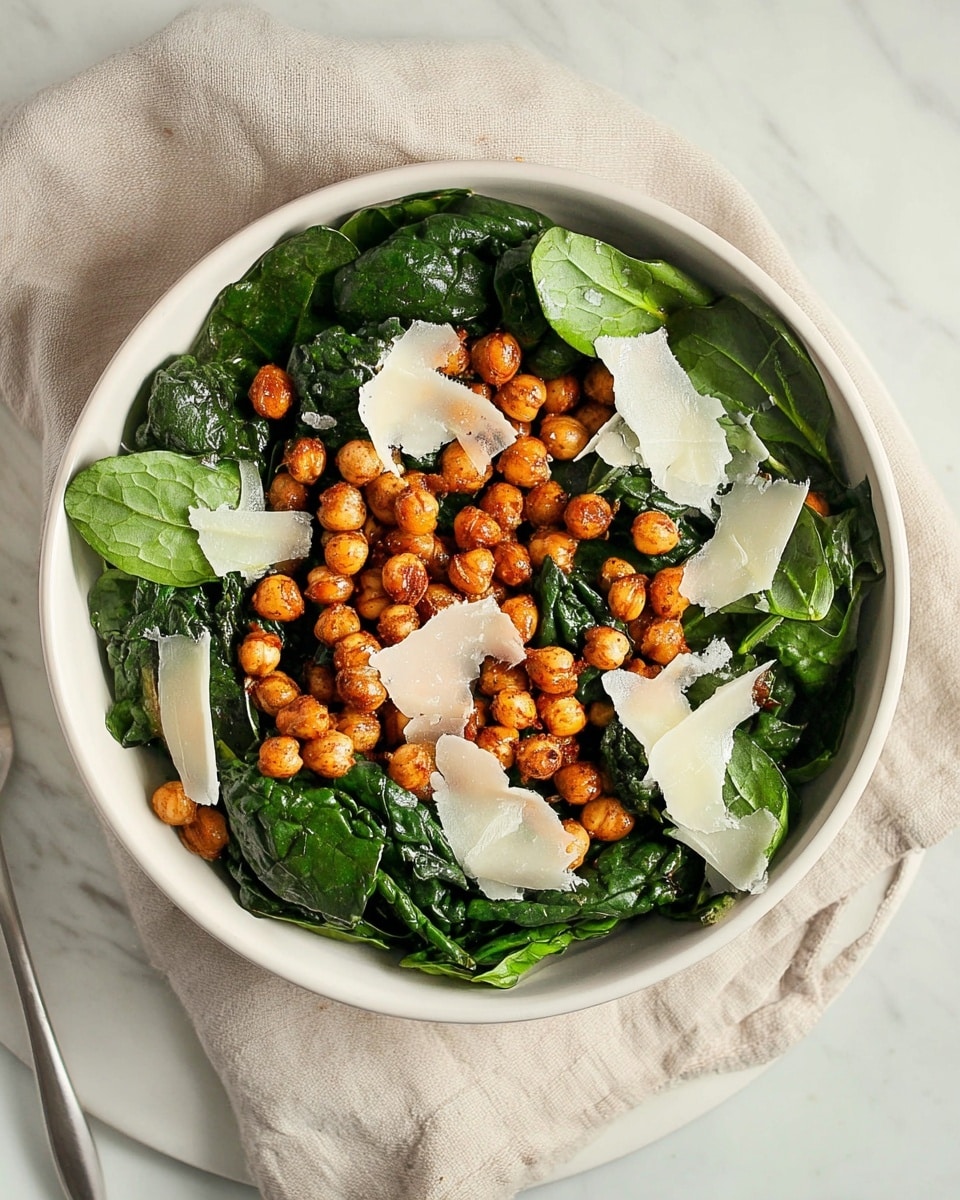 A white bowl filled with fresh dark green spinach leaves forms the base layer, with a pile of roasted golden brown chickpeas covering the center. Scattered thin, pale white cheese shavings are placed on top of the chickpeas and spinach, adding texture and contrast. Two white serving spoons with light brown handles rest inside the bowl on the left side. The bowl sits on a beige cloth with a fringed edge against a white marbled surface. photo taken with an iphone --ar 4:5 --v 7