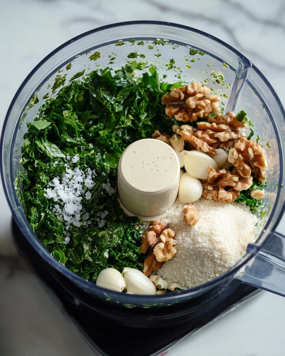 A clear food processor bowl sits on a black base, showing different layers of ingredients inside. The bottom layer is finely chopped dark green leaves spread around the bowl walls. Next to the leaves is a small pile of coarse white powder looking like cheese, and beside it are light brown walnut pieces arranged loosely. Small white garlic cloves are clustered near the walnuts. Granulated white salt is sprinkled on top of the green leaves. The background is a white marbled surface. photo taken with an iphone --ar 4:5 --v 7