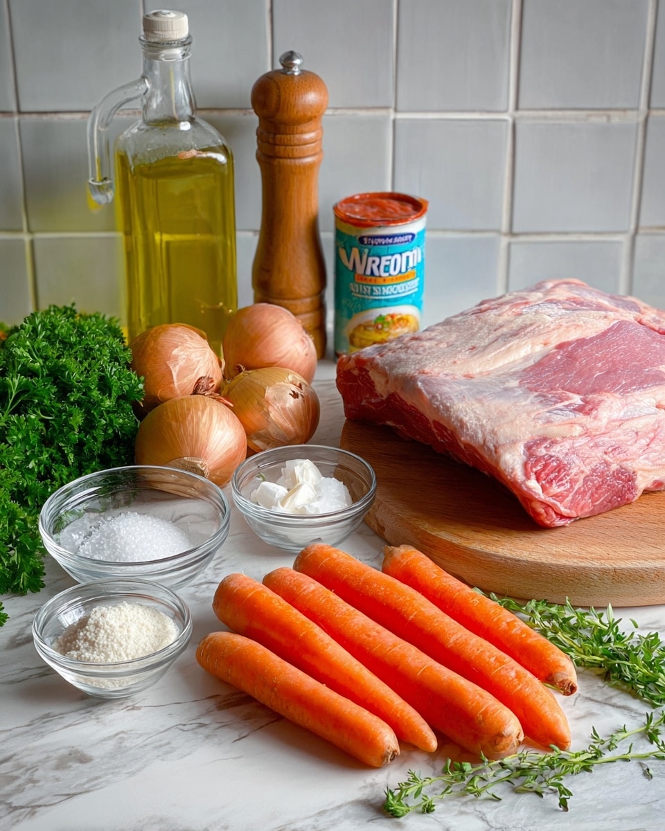 The image shows ingredients for a meal arranged on a white marbled surface. On the right, a large piece of raw meat with light pink and red colors rests on a wooden chopping board. In front of the meat, five bright orange carrots are placed close together. To the left, a bunch of fresh green parsley lies near two garlic cloves. Nearby, two small glass bowls contain white salt and white flour. Behind these, several brown onions with dry skins are clustered together. A wooden pepper grinder stands upright next to a tall clear bottle of yellow vegetable oil. In front of the oil bottle is a small silver can of red tomato paste. The background displays light gray square tiles. photo taken with an iphone --ar 4:5 --v 7