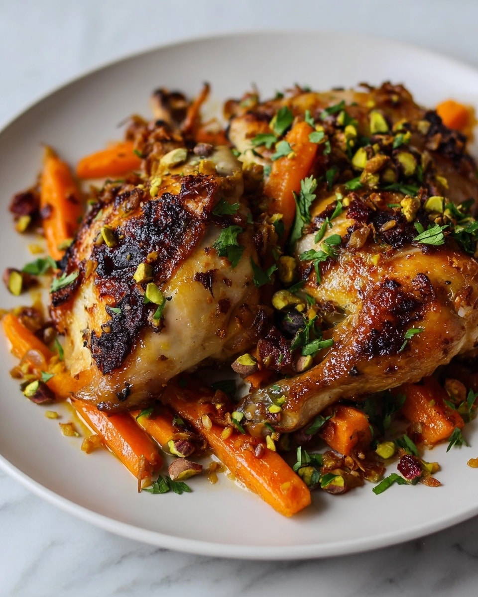 A white plate holds a dish with two pieces of roasted chicken with golden-brown and slightly charred skin. Under and around the chicken, there are bright orange cooked carrots mixed with small green pistachio nuts and chopped fresh green herbs scattered on top. The dish looks warm and juicy with a mix of textures from the soft carrots and crunchy nuts, all on a white marbled surface. photo taken with an iphone --ar 4:5 --v 7