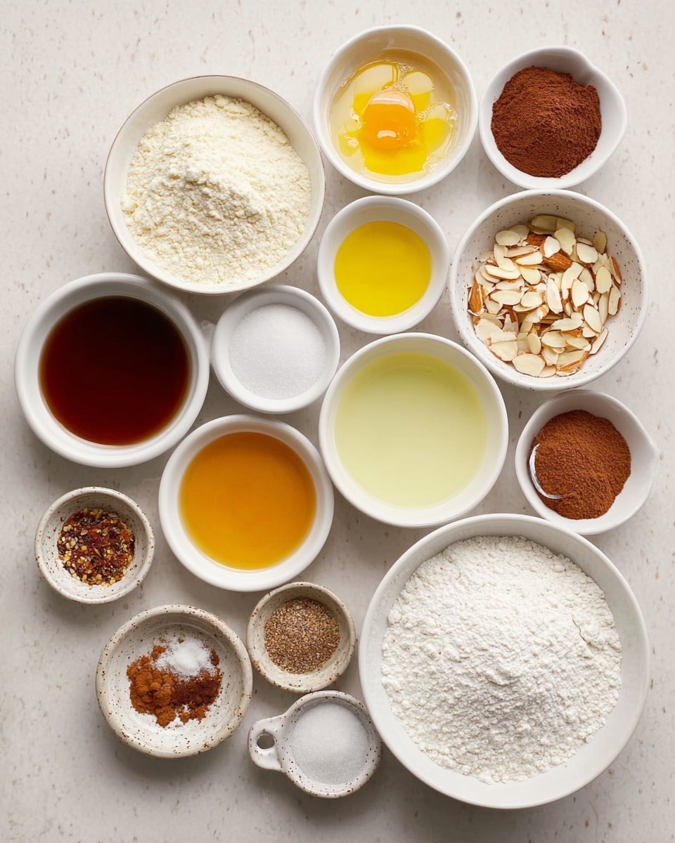 A top view of multiple white bowls and small dishes arranged neatly on a white marbled surface. There are thirteen containers in total, each holding a different ingredient. The largest bowl, positioned in the bottom right, is filled with white flour. Next to it, a medium bowl holds white granulated sugar. Surrounding these are smaller white bowls and dishes containing wet and dry ingredients: golden-yellow liquid, dark brown syrup, light amber liquid, sliced almonds, light yellow beaten eggs with bubbles, cocoa powder, a mixture of brown spices on a small round dish with a handle, baking soda and powder in tiny dishes, and a clear light yellow liquid in a large bowl. The bowls vary in sizes and shapes, with some having textured edges or speckled designs, all placed on the white marbled surface. photo taken with an iphone --ar 4:5 --v 7