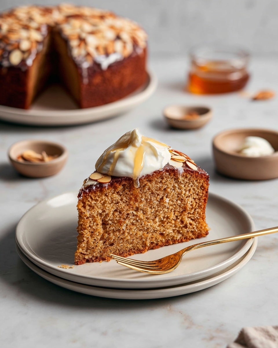 A single slice of moist, light brown cake with a slightly darker brown crust sits on a white plate. The top of the cake is decorated with thin almond slices and is covered with a shiny glaze. On top of the slice is a dollop of soft white cream with a drizzle of honey that shines under the light. A gold fork lies next to the cake slice on the plate. In the blurred background, the rest of the round cake with the same almond topping is on another white plate, and small dishes with honey and cream are also visible. The scene is set on a white marbled surface. photo taken with an iphone --ar 4:5 --v 7