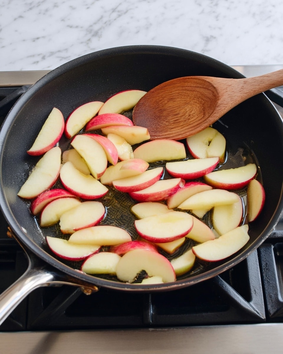 A black frying pan on a stove top contains about three layers of sliced apple wedges, showing white flesh and red skin edges with a shiny texture. A wooden spoon with a smooth, round edge rests on the right side inside the pan, touching the apples. The background has a white marbled surface around the stove. Photo taken with an iphone --ar 4:5 --v 7