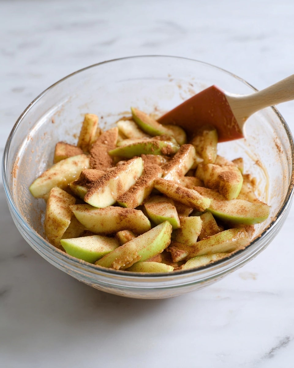 A clear glass bowl filled with sliced green apple pieces coated in a light brown cinnamon mixture. The apple slices are uneven in size and shape, with some showing a slightly green skin and others mostly pale yellow flesh. A light brown rubber spatula with a wooden handle rests inside the bowl, partially covered in the cinnamon mixture. The bowl is placed on a white marbled surface. photo taken with an iphone --ar 4:5 --v 7