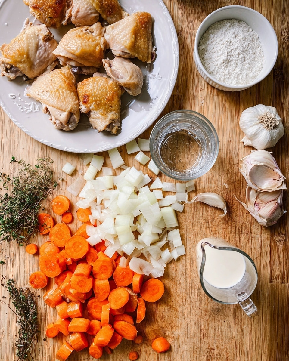The image shows a white plate with five pieces of golden-brown cooked chicken on the upper left. Below and to the right, there is a wooden cutting board filled with sliced orange carrots, diced white onions, garlic cloves, and some green herbs scattered around. There is a small white bowl filled with white powder, likely flour, near the top right. A transparent glass with some water sits in the center among the vegetables, with a tipped white container on the lower right releasing some white liquid. The entire scene is set on a wooden surface. photo taken with an iphone --ar 4:5 --v 7