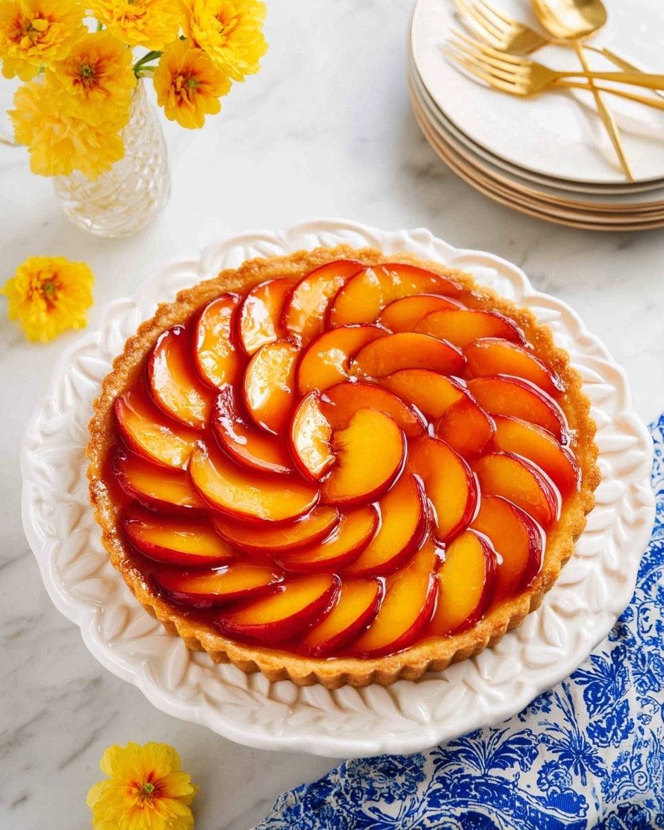 A round tart with a golden brown crust forms the base layer, topped with neatly arranged thin slices of peach that create a spiral pattern from the outer edge toward the center. The peach slices have a shiny, glazed orange and red surface, giving a fresh and juicy look. The tart is set on a white plate with a raised, leaf-patterned edge, placed on a white marbled surface. Around the tart are small yellow flowers, a stack of white plates with gold utensils on top, and a blue patterned cloth underneath the plates, adding decorative touches. photo taken with an iphone --ar 4:5 --v 7