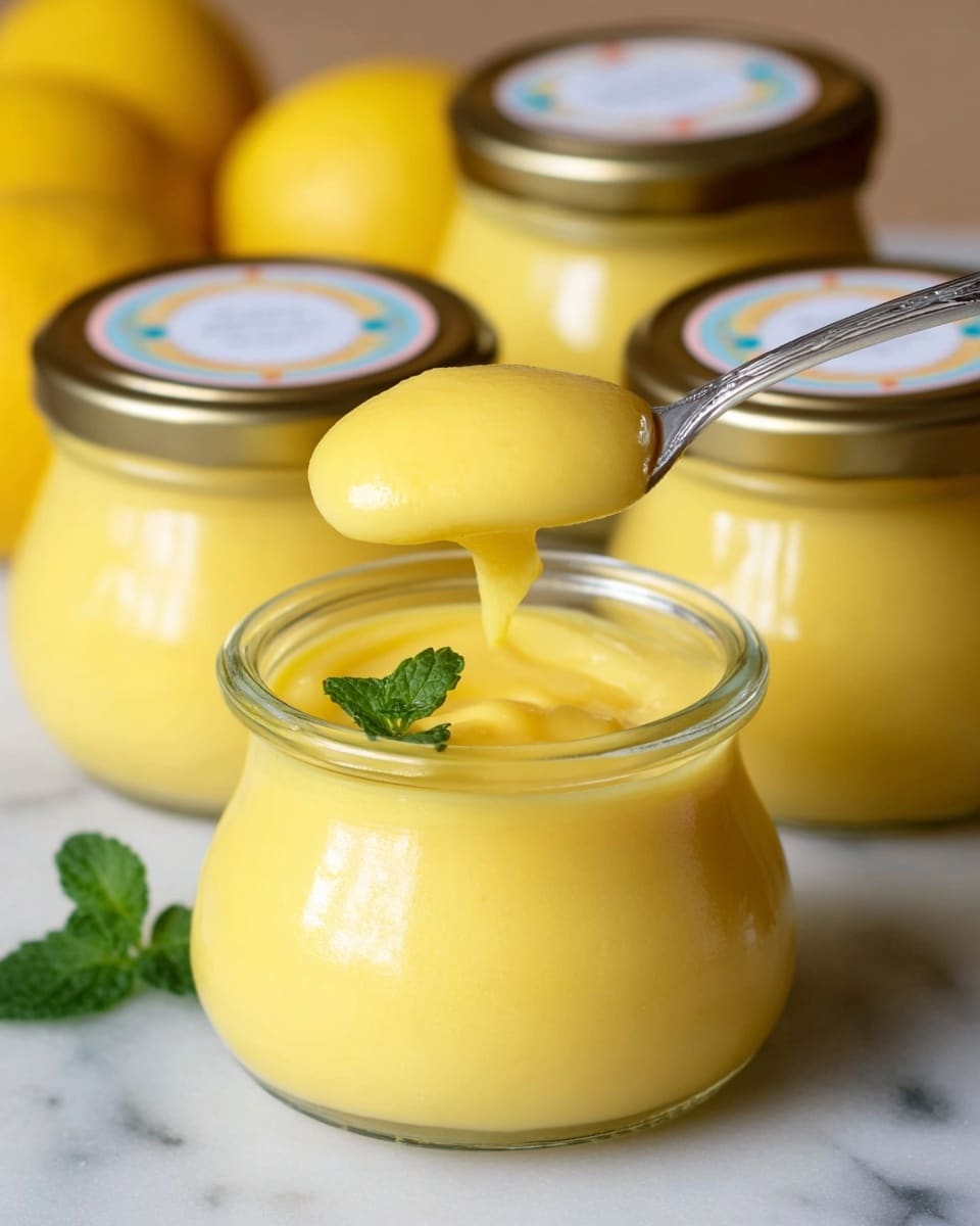 The image shows a thick, smooth lemon yellow pudding placed in a small, clear round glass jar on a white marbled surface. A silver spoon with a scoop of the pudding is held above the jar, and two small green mint leaves are placed just behind the spoon inside the jar. In the background, there are three more jars filled with the same pudding, each with a white lid that has a colorful round label. On the left side of the image, two whole fresh lemons are partially visible. photo taken with an iphone --ar 4:5 --v 7
