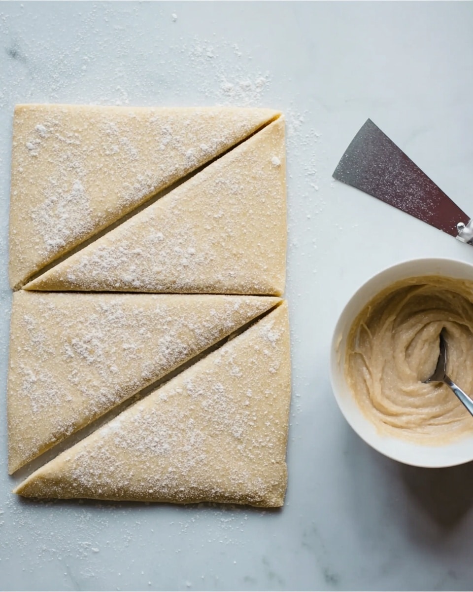 The image shows a rectangular piece of dough on a white marbled surface, lightly dusted with flour. The dough is divided into six long triangle shapes by three diagonal cuts. On the right side, there is a white bowl filled with a light beige creamy mixture with a spoon inside. Above the bowl, a metal dough scraper rests on the surface. The scene is simple and clean with soft natural lighting, focused on the dough and filling. photo taken with an iphone --ar 4:5 --v 7