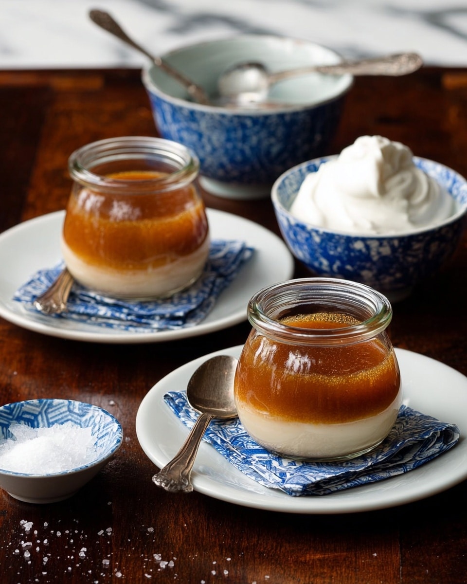 The image shows two small clear glass jars filled with a layered dessert placed on white plates. Each jar has a darker brown top layer and a lighter orange-brown bottom layer. Underneath each jar is a folded blue-and-white patterned napkin, and a silver spoon rests on the edge of each plate. In the background, there is a small blue-and-white bowl filled with white cream and a silver spoon. In the foreground, a small white bowl with coarse salt is visible. The setting is on a dark wooden table with a white marbled texture surface visible around. Photo taken with an iphone --ar 4:5 --v 7