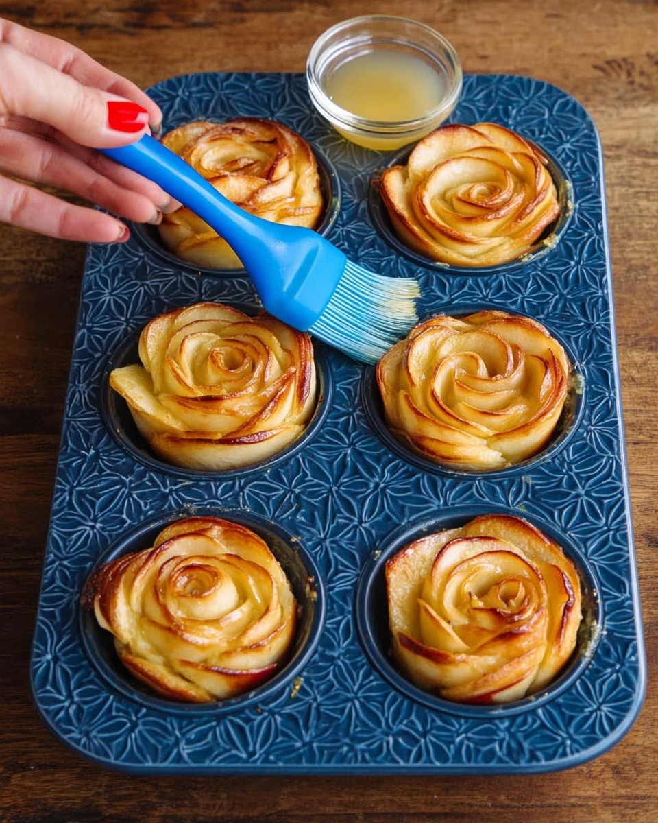 The image shows six apple rose pastries in a blue patterned muffin tray on a wooden table. Each pastry has thin, light brown apple slices arranged like rose petals in a spiral, layered on a golden dough base. A woman's hand with red nails holds a blue brush and is brushing glaze onto the center pastry. There is a small glass bowl with more glaze in the background. The muffin tray holds the pastries evenly spaced with the round cup shapes. The overall look is warm and inviting with a mix of light golden, red apple edges, and shiny glaze on the pastry surfaces. Photo taken with an iphone --ar 4:5 --v 7