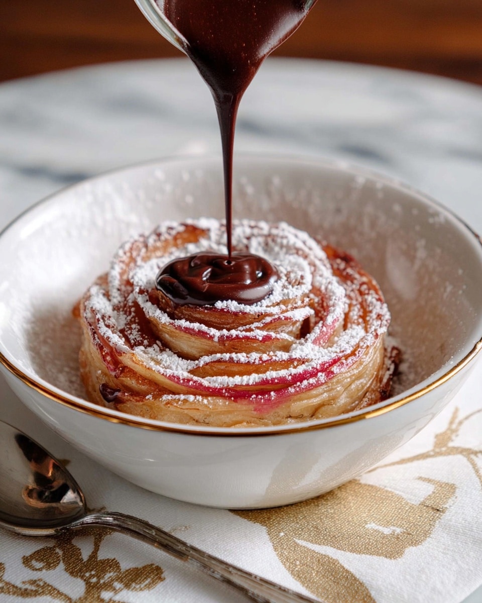A white bowl with a gold rim holds a round pastry shaped like a rose on top. The pastry has thin layers of light brown and reddish slices arranged in a spiral to look like rose petals. The pastry is dusted with white powdered sugar. Thick dark chocolate sauce is being poured from the left side into the bowl next to the pastry. The bowl sits on a white cloth with a gold leaf pattern and a silver spoon is placed next to it. The surface beneath has a white marbled texture. Photo taken with an iphone --ar 4:5 --v 7