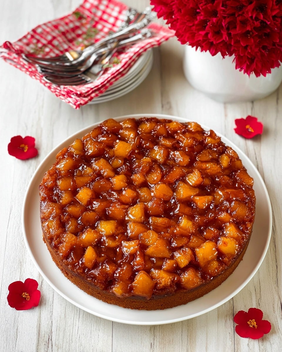 A round cake sits on a white plate showing one thick single layer with a shiny, caramelized brown top covered in small, unevenly shaped orange and yellow fruit pieces that look soft and sticky. The cake has a moist texture under the glossy fruit layer. The plate is placed on a white marbled surface decorated with five small red flowers scattered around. In the upper part of the image, a white bowl with a red checkered cloth inside holds folded white napkins with a red berry print and several silver forks on top. Photo taken with an iphone --ar 4:5 --v 7