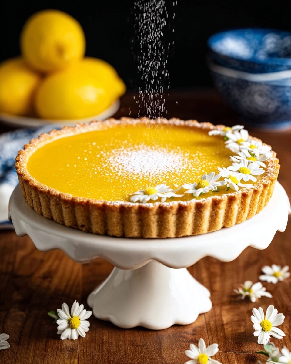 A lemon tart sits on a white cake stand with a wavy edge, on a wooden table with scattered small white and yellow flowers. The tart has one layer, a thick golden yellow lemon filling with a smooth and shiny surface inside a thick, light-brown, crumbly crust with a scalloped edge. The top of the lemon layer has powdered sugar being lightly dusted over the center and a small circle of more sugar near the crust. One side of the tart is decorated with small white flowers with yellow centers arranged neatly in a line. The background is dark with two yellow lemons and blue dishes blurred in the distance. photo taken with an iphone --ar 4:5 --v 7