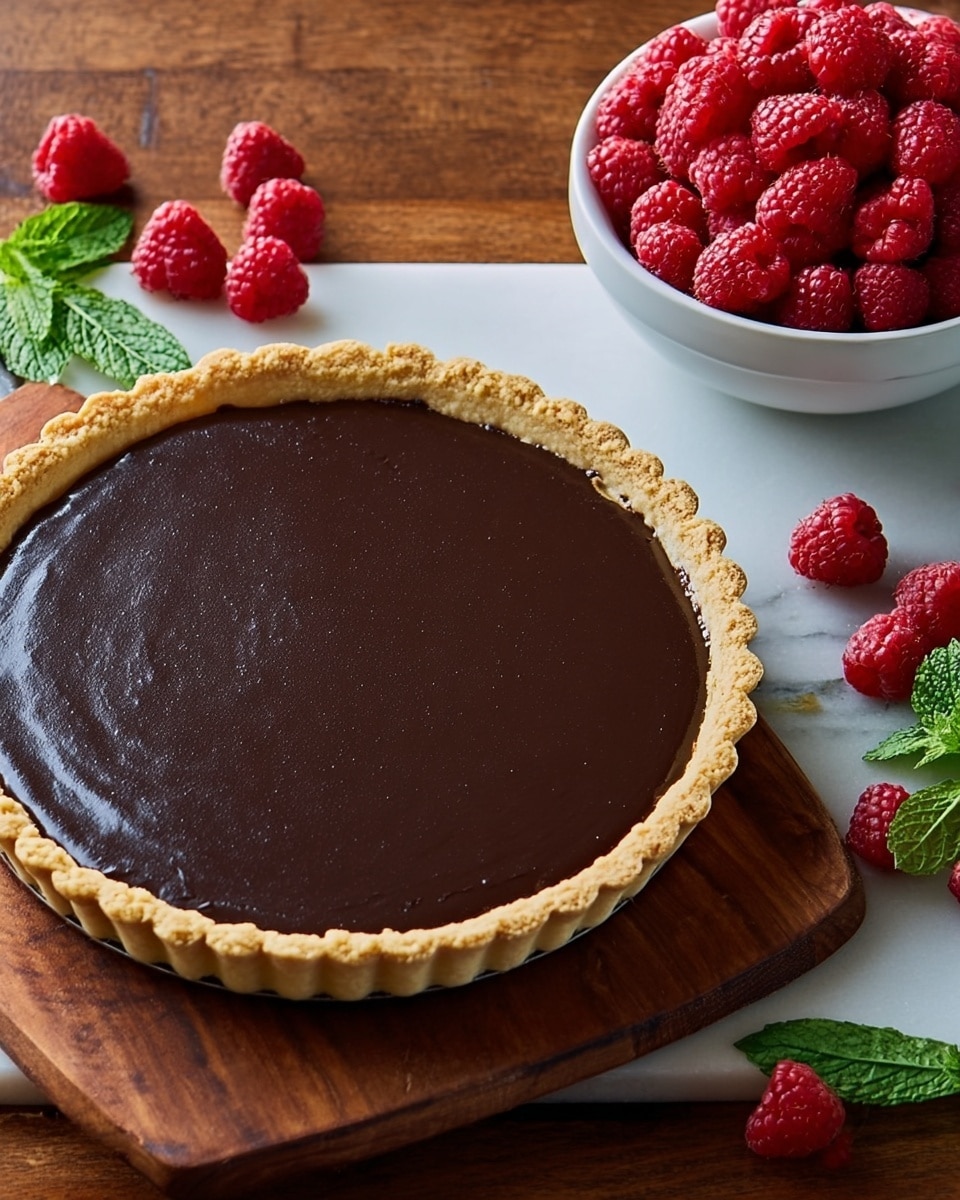 A round tart with a golden-brown crust forming the outer layer, filled with a smooth, dark chocolate layer that fills the inside evenly. A white bowl filled with bright red raspberries is placed to the top right of the tart, with a few raspberries and green mint leaves scattered around the wooden table. The surface under all items has a white marbled texture. photo taken with an iphone --ar 4:5 --v 7
