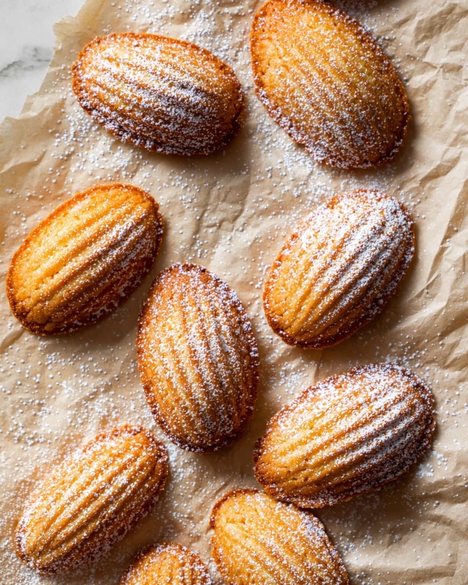 There are nine golden brown madeleine cookies scattered on wrinkled beige parchment paper, each cookie showing their shell-like ridged texture. The cookies have a light dusting of white powdered sugar unevenly spread on top, adding a soft contrast to their warm baked color. The scene is lit softly, highlighting the slightly crisp edges and the fluffy appearance of the cookies with no plate or bowl visible. The background is a white marbled texture. photo taken with an iphone --ar 4:5 --v 7