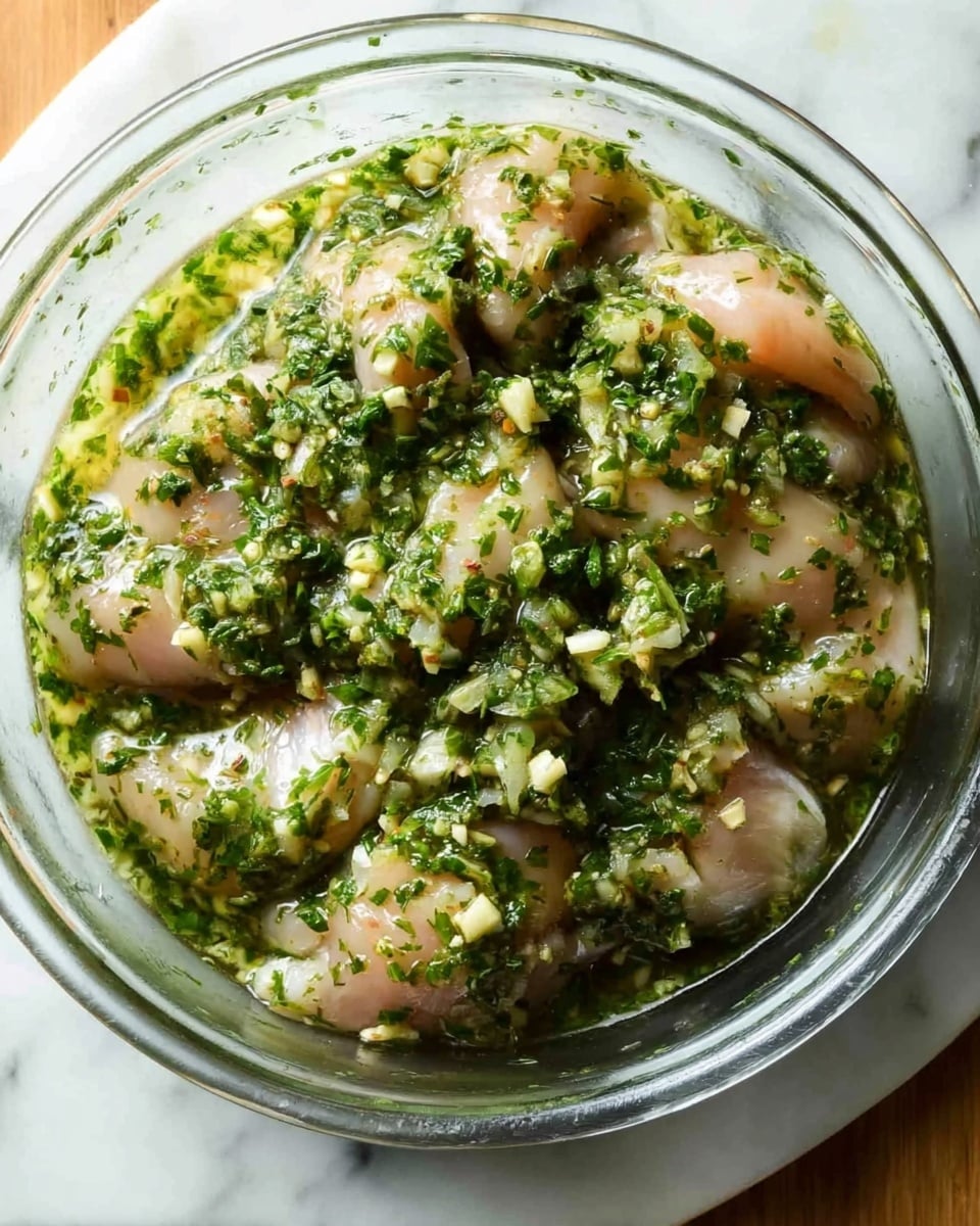 A clear glass bowl filled with raw chicken pieces soaked in a green herb marinade. The marinade covers the chicken and has chopped green herbs and small bits of garlic or onion spreading all over the chicken. The bowl sits on a white marbled surface. photo taken with an iphone --ar 4:5 --v 7