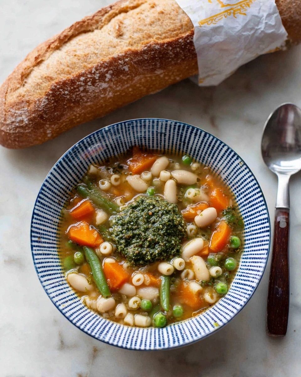 A white bowl with dark blue circle patterns around the edge holds a thick vegetable soup with white beans, small elbow pasta, green peas, diced orange carrots, and green beans in a light broth. In the center of the soup, there is a dollop of dark green pesto sauce. The bowl is placed on a white marbled surface with a silver spoon with a dark wooden handle resting beside it. Above the bowl, there is a long baguette partly wrapped in white paper with some black and yellow writing. photo taken with an iphone --ar 4:5 --v 7