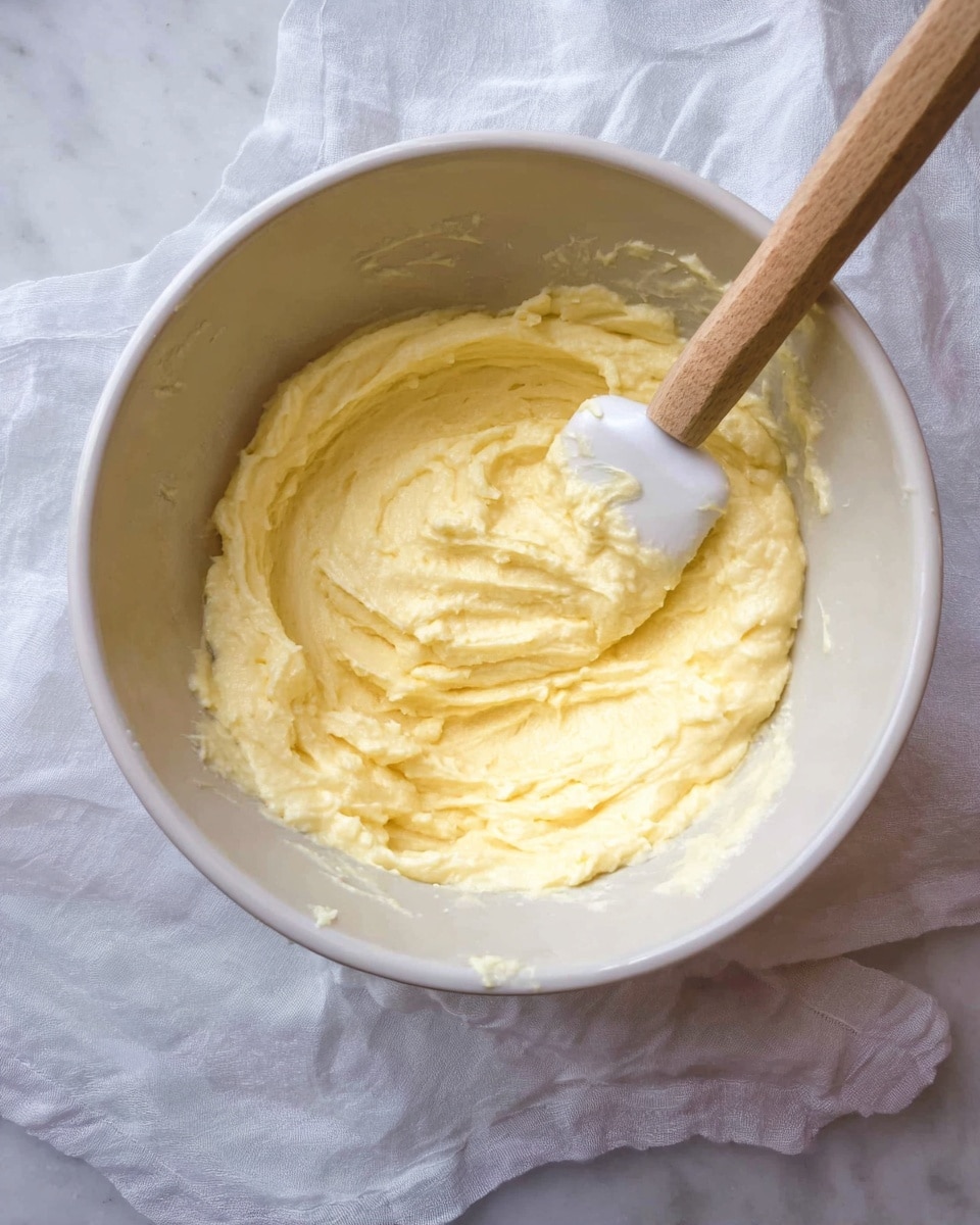 A white bowl holds a thick, creamy pale yellow mixture with a smooth, slightly fluffy texture. Inside the bowl, a spatula with a wooden handle and white rubber tip rests partly covered in the mixture. The bowl is set on a white marbled surface with a sheer white cloth underneath. The scene is softly lit, showing the rich, dense consistency of the mixture. photo taken with an iphone --ar 4:5 --v 7