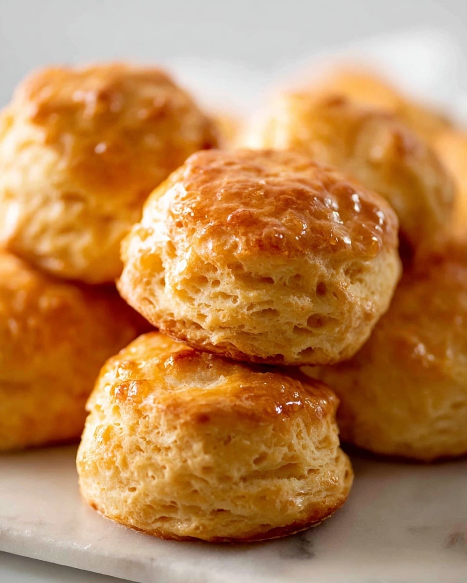 The image shows a close-up view of a group of round, golden-brown baked biscuits stacked slightly on top of each other on a white marbled surface. Each biscuit has a rough, slightly cracked texture with a shiny finish from a light glaze or butter, showing layers in the biscuit's fluffy and soft interior. The biscuits are uneven in shape, giving a homemade look, and are warm in color, ranging from golden to light brown. Photo taken with an iphone --ar 4:5 --v 7
