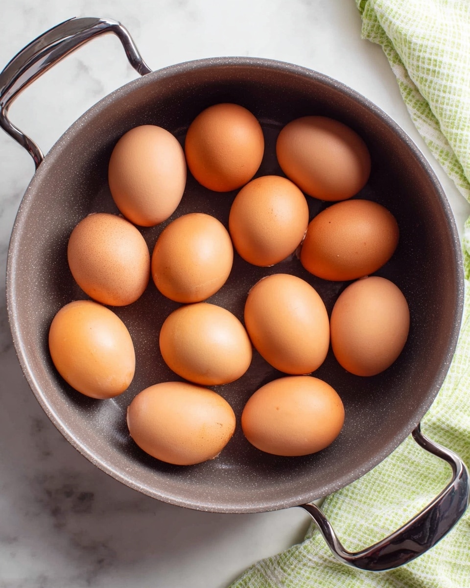 A large round gray pot filled with twelve whole brown eggs arranged loosely inside. The pot has two dark handles on each side. The pot sits on a white marbled surface with a green and white checkered cloth partially seen in the top right corner. The eggs have a smooth, shiny texture and vary slightly in shade from light to medium brown. Photo taken with an iphone --ar 4:5 --v 7