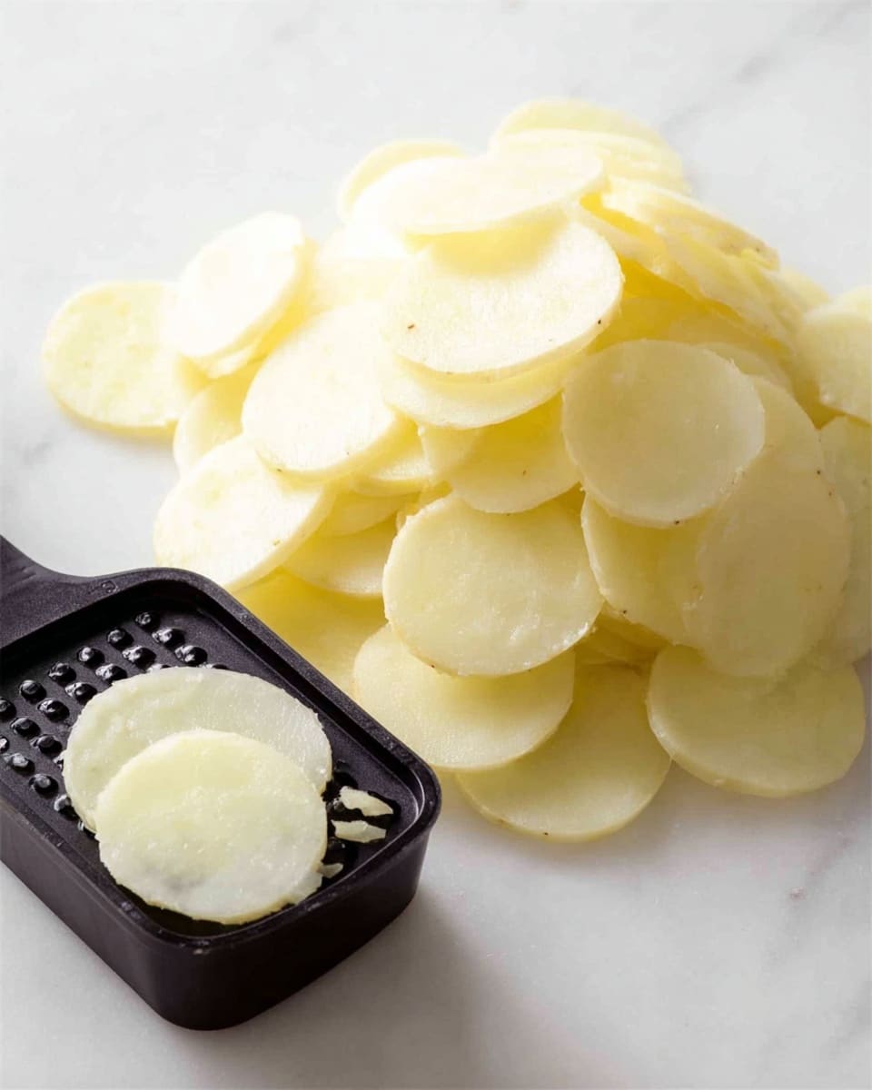 The image shows thin, round slices of a pale yellow vegetable, likely potatoes, piled in a loose heap on a white marbled surface. Next to the pile is a black slicer tool and a small plastic container with holes, both covered with bits of the same pale vegetable. The slices vary slightly in size and overlap each other, creating a soft, layered texture that looks smooth and slightly moist. Photo taken with an iphone --ar 4:5 --v 7