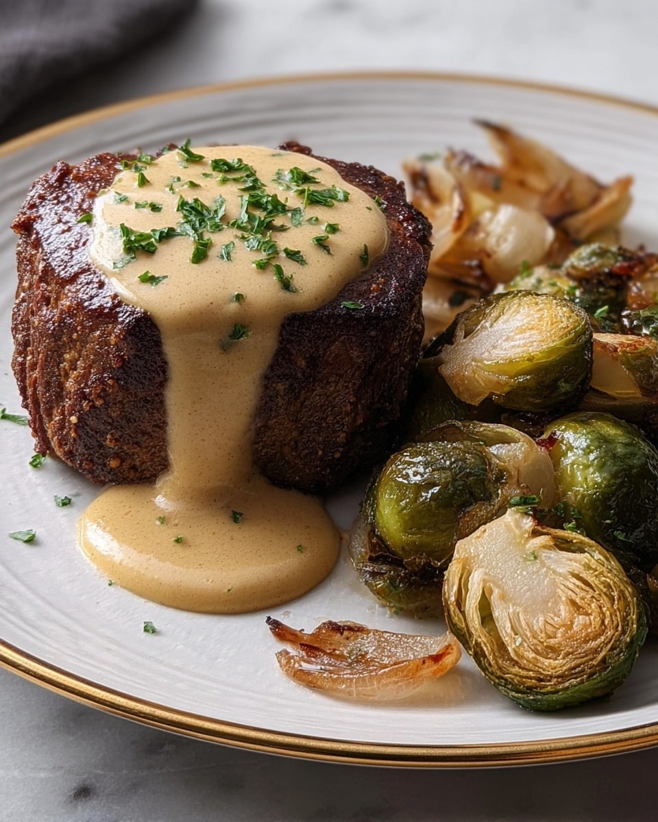 A thick, round piece of cooked meat with a dark brown, crispy outside sits on the left side of a white plate with a thin gold rim. On top of the meat is a thick beige sauce dripping down the sides, sprinkled with small chopped pieces of green parsley. To the right of the meat, there is a small pile of roasted Brussels sprouts with browned, crispy edges and some cooked translucent onion slices scattered around them. The plate is on a white marbled surface. Photo taken with an iphone --ar 4:5 --v 7