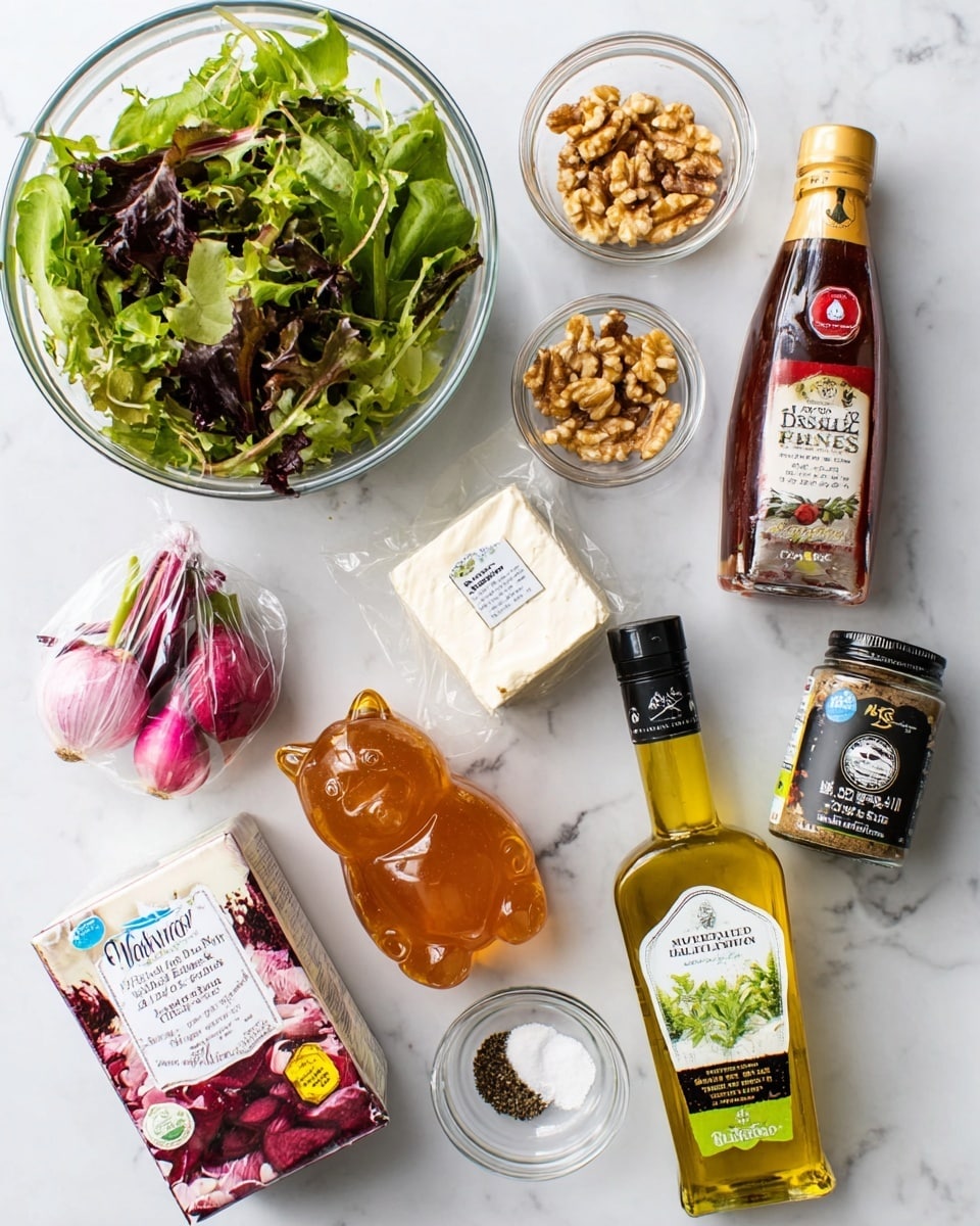 The image shows a collection of fresh salad ingredients arranged neatly on a white marbled surface. On the left, there is a clear glass bowl filled with mixed greens of various shades of green and purple, with leafy textures visible. Below it, a box of cooked beets with vibrant magenta and white accents stands next to a small clear bowl filled with light brown walnut halves. In the center are a small block of white goat cheese wrapped in plastic and a honey bottle shaped like a bear with a golden amber color. To the right, there are two bottles: one of red wine vinegar with a deep reddish-brown liquid inside and a label with red and green details, and another bottle of vegetable oil showing a pale yellow liquid. Nearby, a jar of Dijon mustard with a creamy yellow color and a small orange shallot bulb add more variety. Two small clear bowls, one with coarse black pepper and the other with salt, complete the setup. All items are set against a soft white marbled background. photo taken with an iphone --ar 4:5 --v 7