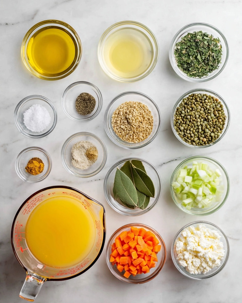 The image shows a top view of multiple small clear glass bowls and a larger clear measuring cup, all arranged on a white marbled surface. The large measuring cup in the lower left is filled with yellow broth. Around it are twelve small bowls: from left to right, top to bottom, a bowl with yellow oil, a bowl with green dried herbs, a light yellow liquid, a small bowl with amber liquid, and a bowl with green lentils. Next row has a bowl with a bay leaf, a bowl with coarse brown mustard, a bowl with black pepper, a bowl with salt, a bowl with chopped fresh green herbs, a bowl with diced orange carrots, a bowl with diced light green celery, and a bowl with white crumbled cheese. All ingredients are very clearly shown, bright in color, and neatly organized in rows. Photo taken with an iphone --ar 4:5 --v 7