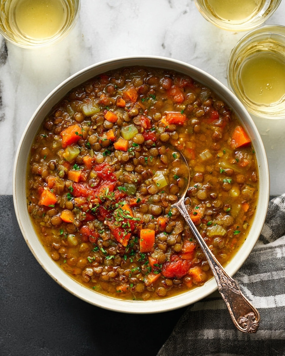 A bowl of thick lentil soup with visible layers of cooked lentils and diced orange carrots, green celery, and red tomato chunks, all mixed in a brownish broth with small green herb pieces sprinkled on top; the soup looks hearty with different sized vegetable pieces floating evenly throughout. The bowl is white and round, with a silver spoon with a decorated handle standing inside. The background is a white marbled texture with part of a striped cloth napkin visible near the bowl and two glasses of light yellow liquid in the upper right corner. Photo taken with an iphone --ar 4:5 --v 7